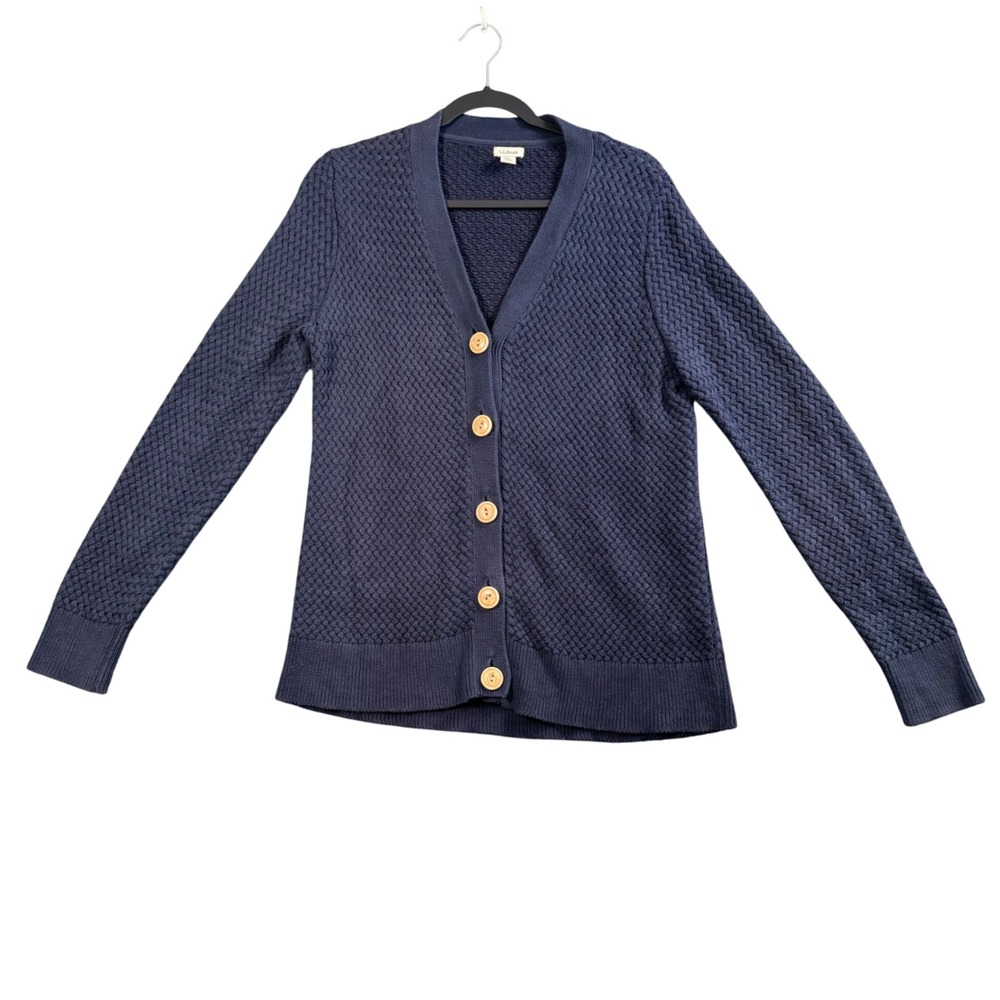 VTG L.L. Bean Heritage Navy Knit Cardigan M Petite Old Money Coastal Academia‎